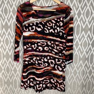 Sheer & Stretchy 3/4 Sleeve Boatneck Tiered Mini Dress Layering Piece Size: Med